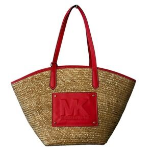 Michael Kors Woven Straw Tote Bag Red Leather‎ Trim Large Basket Bag MK Logo